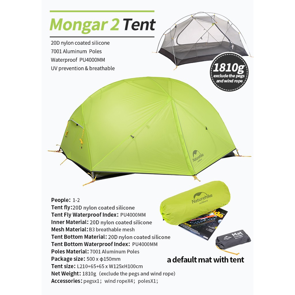 NATUREHIKE Mongar 3-Season Camping Tent 2 Persons - NH17T007-M