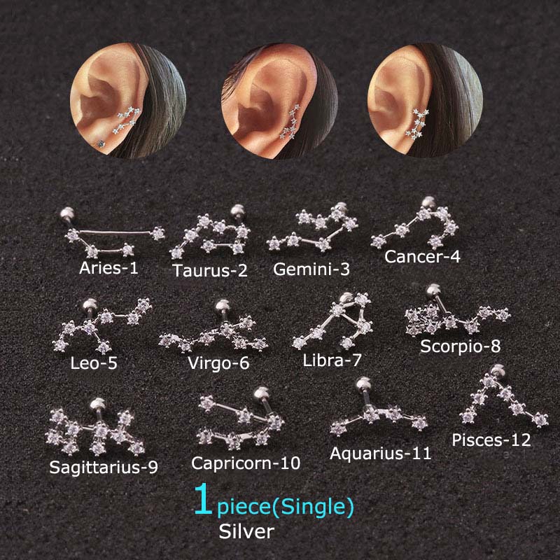 1piece Twelve Constellation Cartilage Helix Rook Lobe Screw Back Stud Earring 20g Stainless Steel