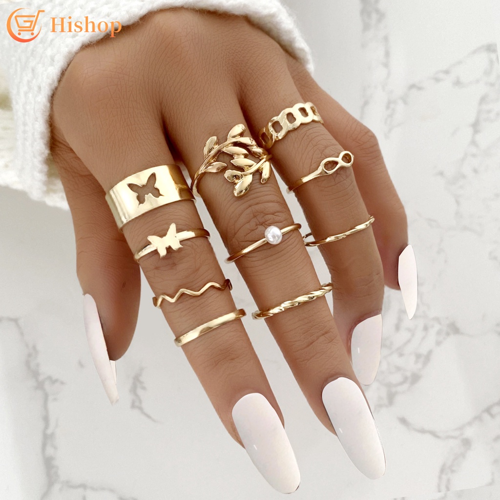 10pcs / Set Cincin Model Kupu-Kupu Hollow Warna Emas Aksen Mutiara Gaya Vintage Untuk Wanita