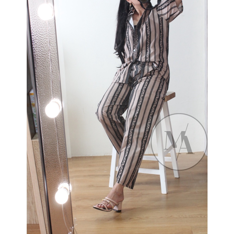 DAILY SET RAYON tiedye- HOMEY SET FIT Xl - PAJAMA SET RAYON -  PIYAMA RAYON-salur etnik krem