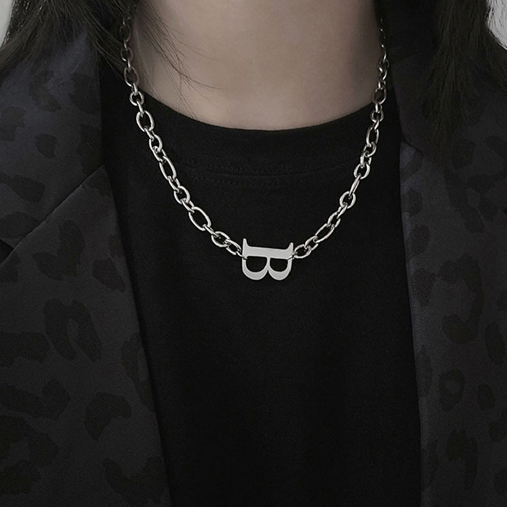 Kalung Choker Tebal Lapis Silver Motif Huruf B Gaya Punk Minimalis Untuk Wanita