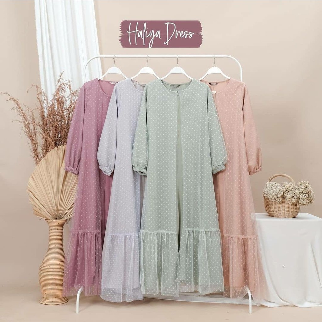 [ BEST SELLER ]  Haliya Dress Mosscrepe Mix Tille Dot JUMBO XXXXL / Gamis Kondangan / BAJU DEWASA MURAH TERBARU 2022 / Gamis Kondangan Wanita / Gamis bridesmaid / Gamis Wanita busui friendly