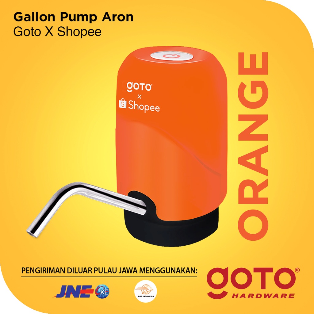 GOTO Aron X Shopee Pompa Galon Elektrik Pencetan Air Minum Otomatis Murah Dispenser Alat Pemompa Kompa Kran Pancuran Galon Bawah Baterai Cas Automatic Water Pump Electric USB Charger Portable Recharge Warna Orange Original Goto Hardware ok