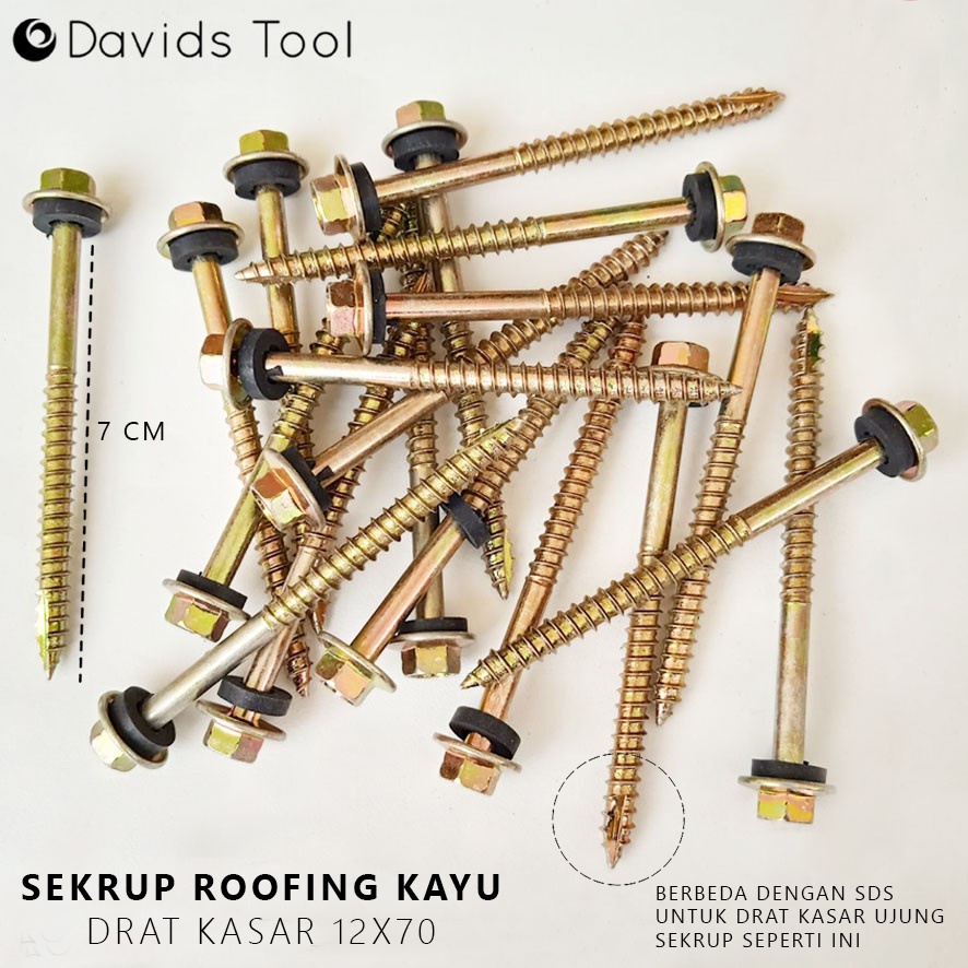 Baut Sekrup Baja Ringan Roofing Drat Kasar Kayu 7cm 12x70