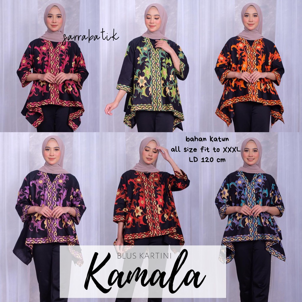 Blus Kartini Kamala Batik Hitam Manis Atasan Muslim Encim Pesta Kerja Kantoran Jumbo Seragam