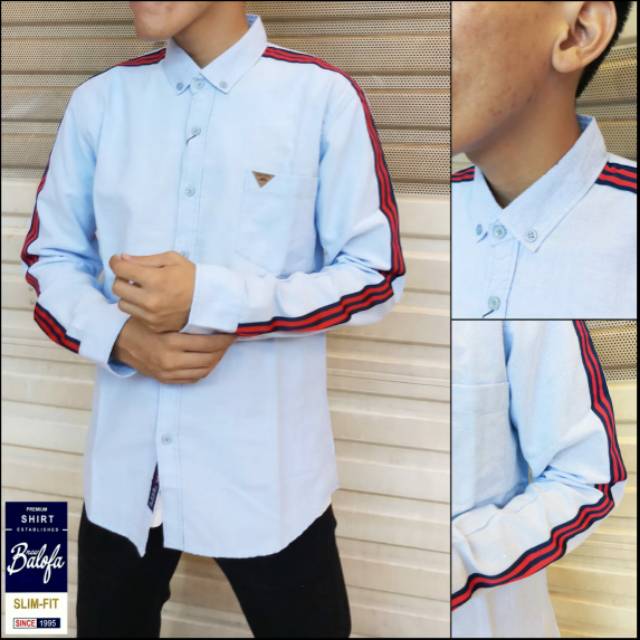 Baju kemeja lengan panjang cowo laki pria gucci distro terbaru strip katun adem New Balofa