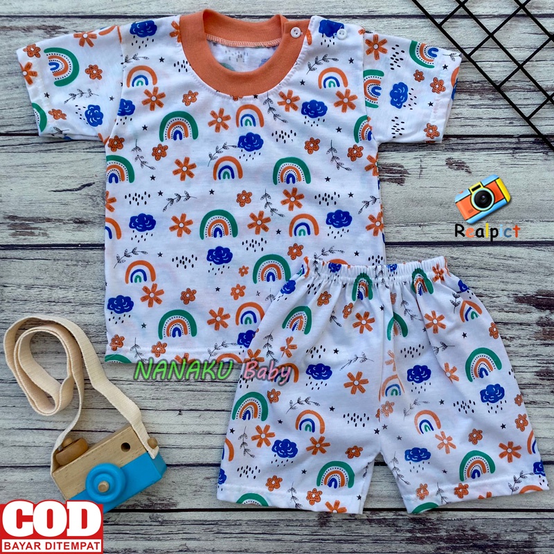 Setelan Baju Bayi Setelan Piyama Bayi Lengan Pendek Kancing Bahu Motif Pelangi Usia 3-12 Bulan Anababy.id