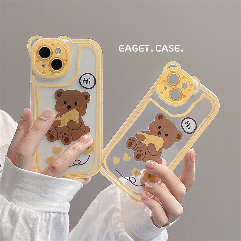 Soft Case Silikon Motif Beruang Keju Untuk Compatible for iPhone 14 13 12 11 Pro Max X Xr Xs Max iPhone 8 7 6 6s Plus SE 2020 Cheese Bear Clear Phone Case Bear Lens All-Inclusive Silicone Shockproof Anti-fall Phone Cover