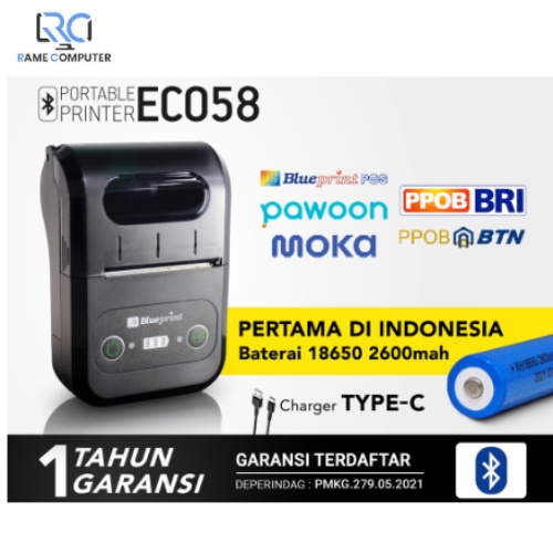 Bp-Eco58 Portable Printer Thermal Mini Bluetooth BLUEPRINT ECO58 Baterai 18650