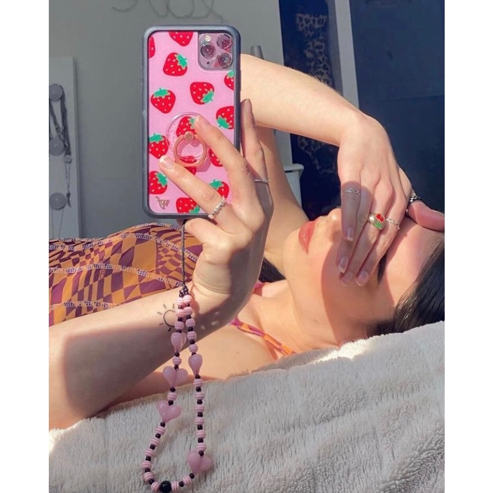 New Trendy Girls Phone Chain Colorful Acrylic Solid Heart Stripe Beaded Chain for Mobile Phone Hanging Rope