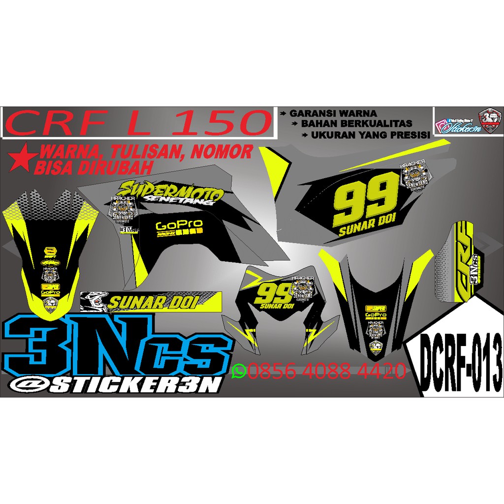 Decal Full Body Honda CRF 150L hitam kuning bisa rubah warna nomor dan nama, sticker variasi motocro