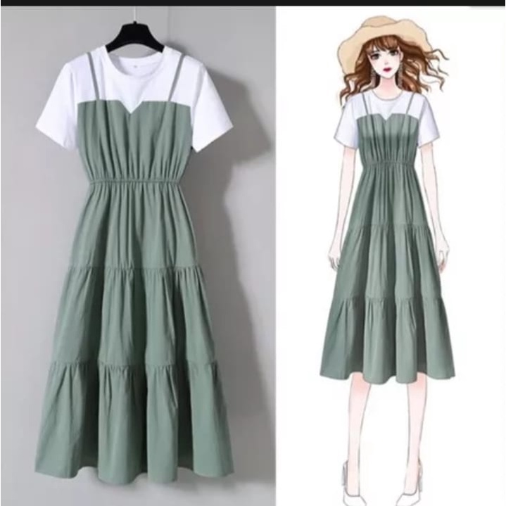 Model menyatu// dress korea terbaru// bahan matterial kaos mix cringkel airflow