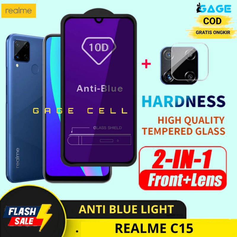 2IN1 TEMPERED GLASS ANTI BLUE LIGHT REALME C15 - TG ANTI GORES RADIASI FULL LAYAR REALMI C15 PREMIUM