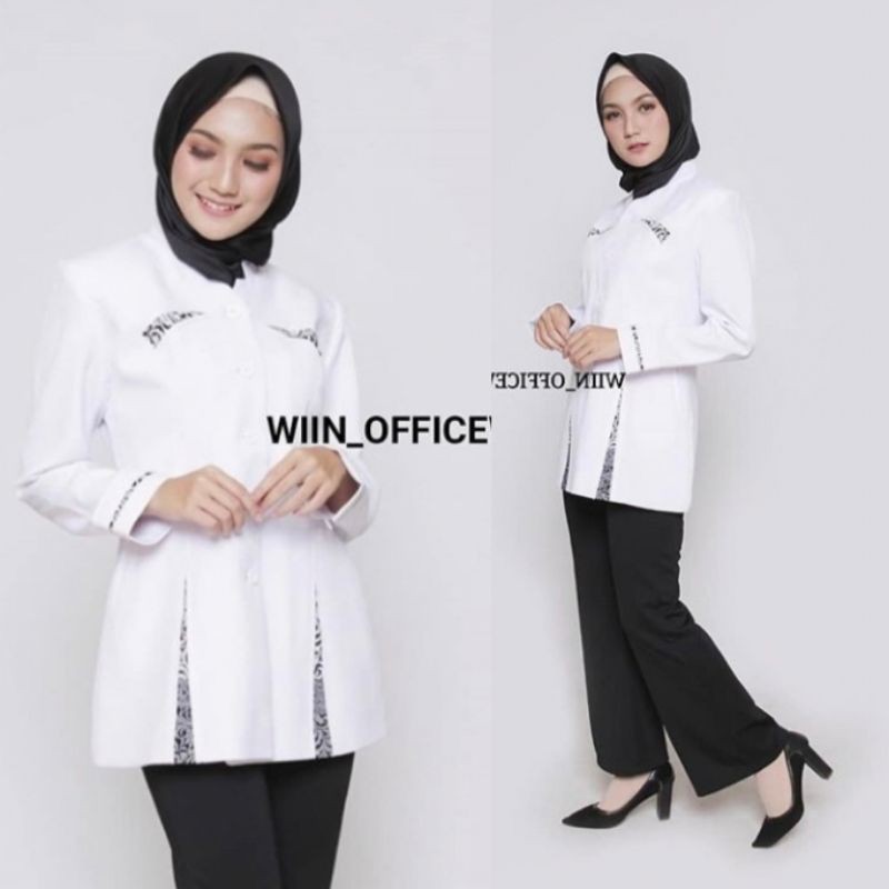 Blazer list Batik Putih Hitam, ASN, PDH wanita, Seragam Hitam Putih