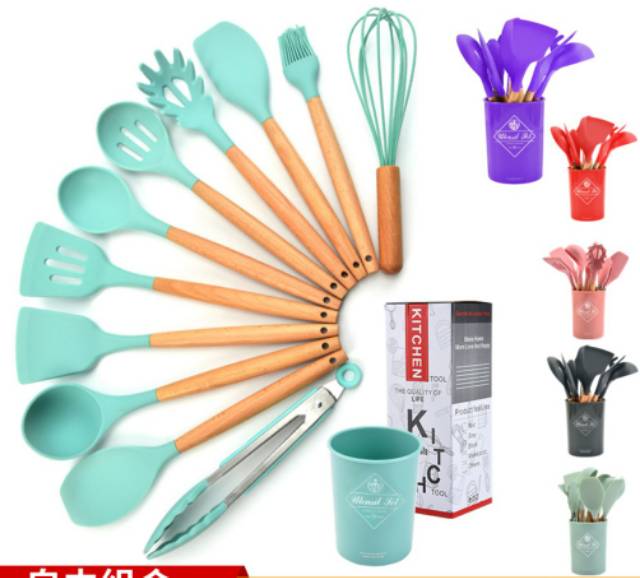 Silicone Utensils Set 13pcs Spatula Silicone BPA Free Kitchen Set + Wadah + Alas Sendok