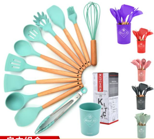 Silicone Utensils Set 13pcs Spatula Silicone BPA Free Kitchen Set + Wadah + Alas Sendok