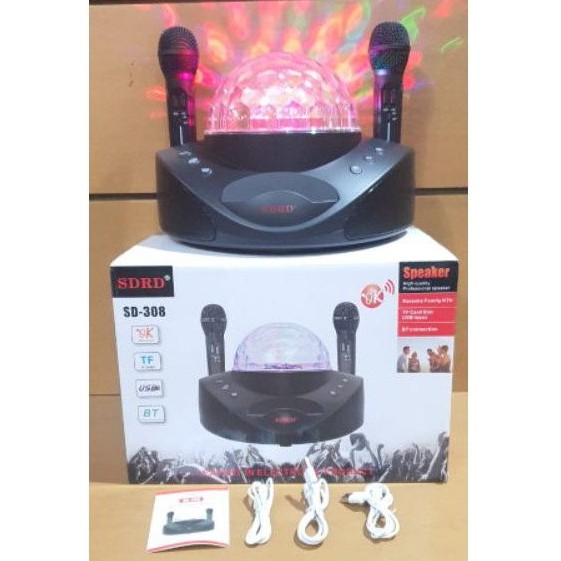 Speaker Bluetooth Portable SDRD SD308 Mic Wireless Karaoke LED SD-308 Lampu Disco + 2 Microphone