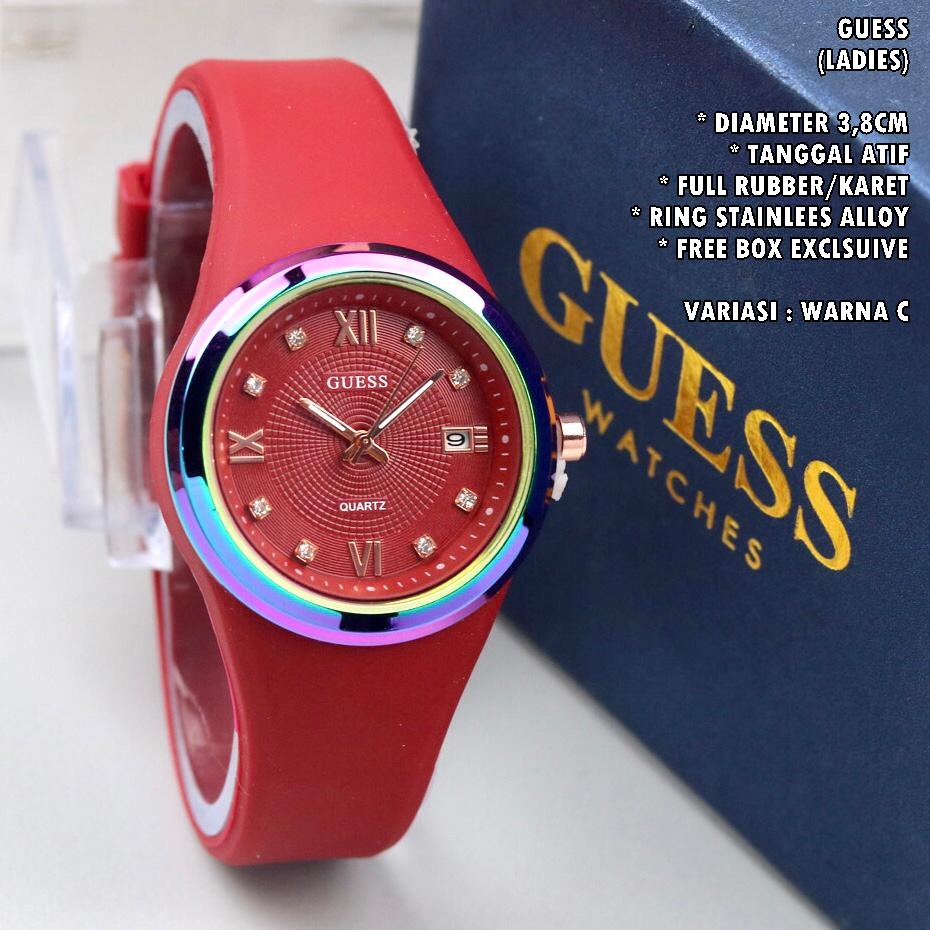 JAM TANGAN WANITA GUESS TALI RUBBER BODY BULAT TANGGAL AKTIF