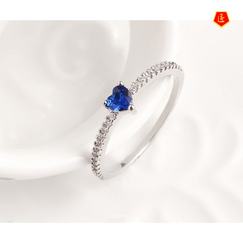 [Ready Stock]Simple Personality 18K Rose Gold Heart-Shaped Blue Diamond Ring