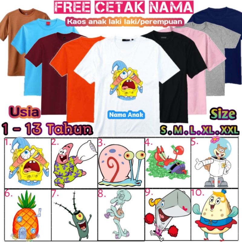 Baju Kaos Anak Spongebob/kaos spongebob anak/Baju anak kartun spongebob[free cetak nama]