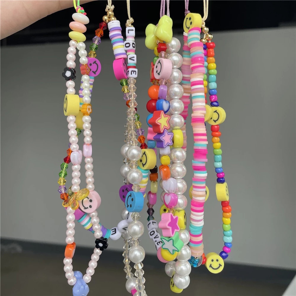 QUINTON Ins Trendy Mobile Phone Straps Colorful Soft Pottery Rope Cell Phone Lanyard Mobile Phone Chain Pearl Anti-Lost Acrylic Bead Smile Handmade Smiling Beads Chain