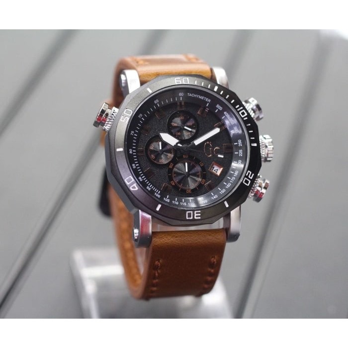Jam Tangan Pria / Cowok Gc Chrono Sk2309 Leather Light Brown Silver