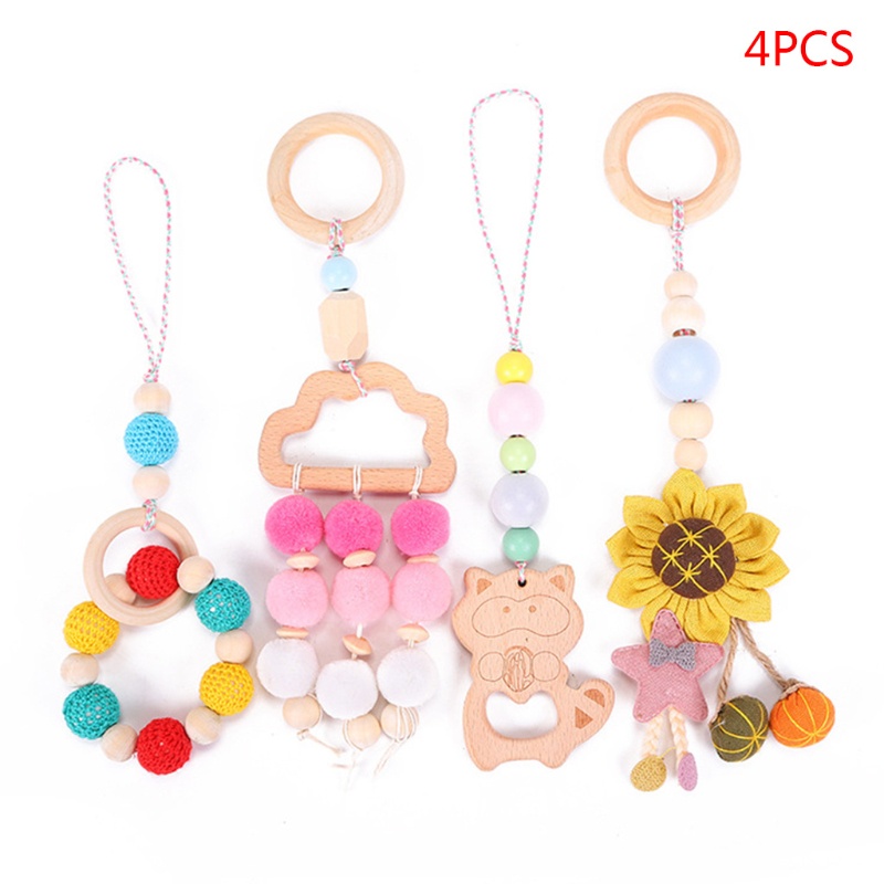 Mary 4pcs / Set Mainan Rattle / Teether Gantung Dengan Frame Kayu Untuk Stroller Bayi