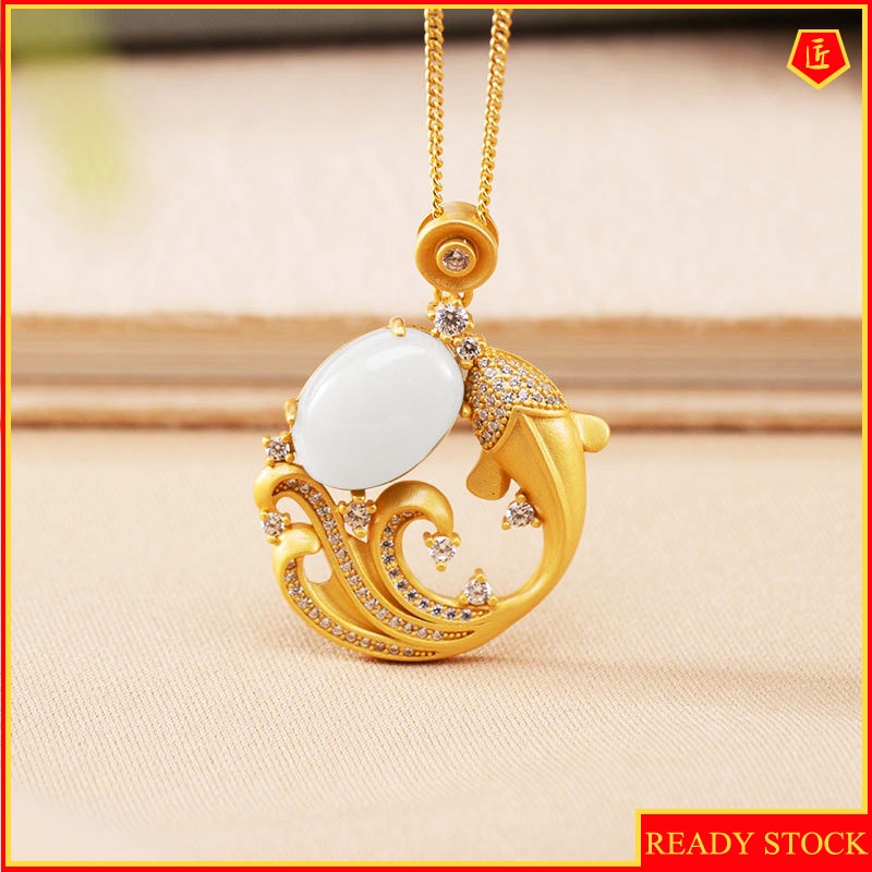 [Ready Stock]Hetian Jade Personality Full Diamond Gold Carp Pendant for Women