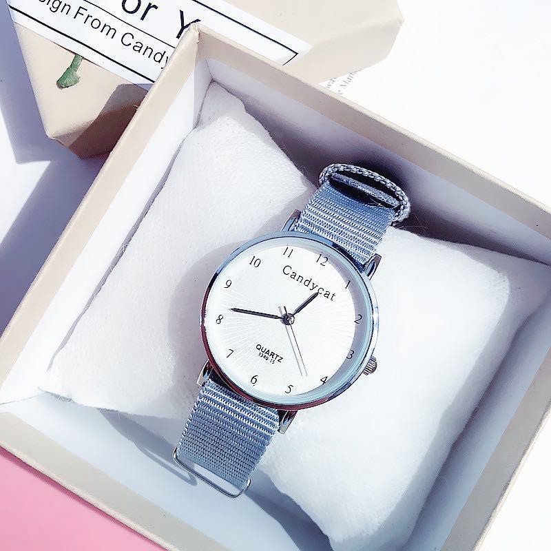 Jam Tangan Wanita Analog Quartz Casual Simple CandyCat Chic Strap Nylon Kanvas  Fashion Watch JF070-BIRU