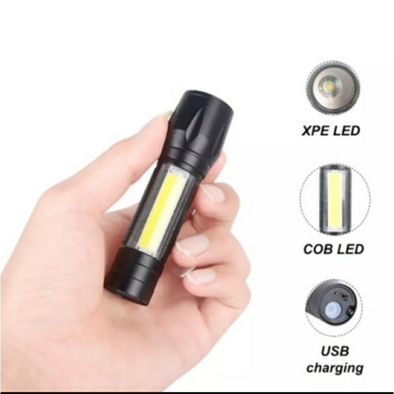 Senter Mini zoom LED XPE + COB  USB Charge Senter Led Super Terang