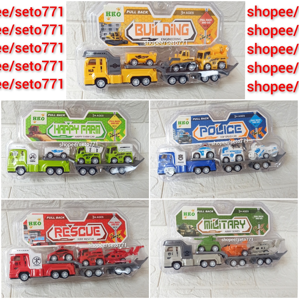 Mainan Anak Mobil Konstruksi Pulback Police Farm Building Rescue Military HKO Pullback 4Pcs Truck De