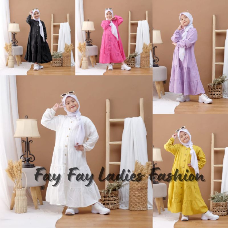 Midi Dress Kerut Susun Anak Bahan Katun Linen Rami Premium