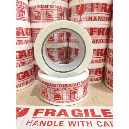 ( Rol 72 Yard ) LAKBAN VIDEO UNBOXING / FRAGILE JANGAN DIBANTING MERAH PUTIH 2 IN / PLAKBAN FRAGILE 48MM HANDLE WITH CARE