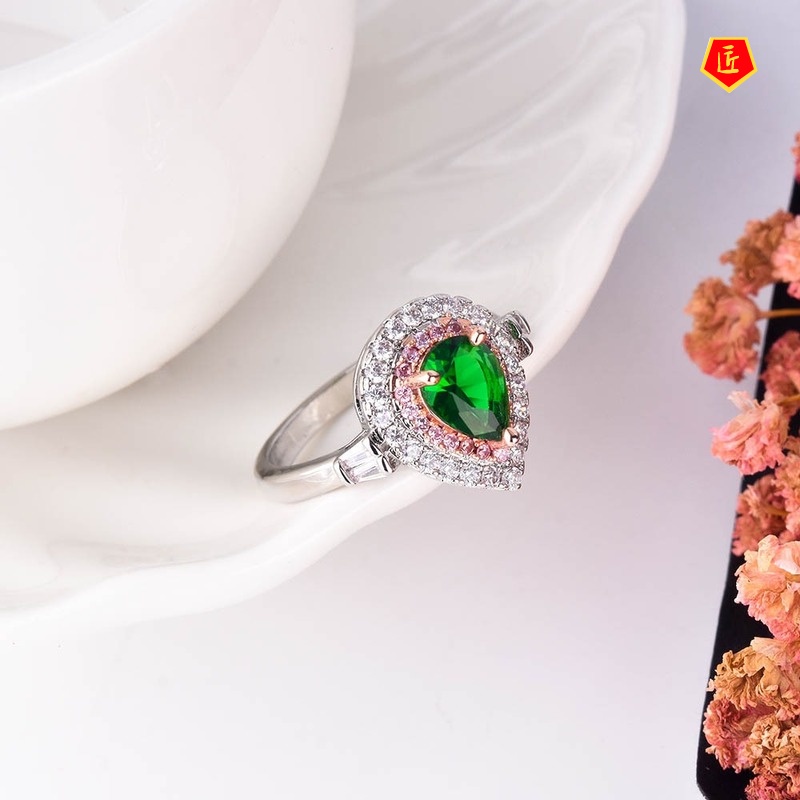 [Ready Stock]Elegant Personality Emerald Pink Diamond Ring