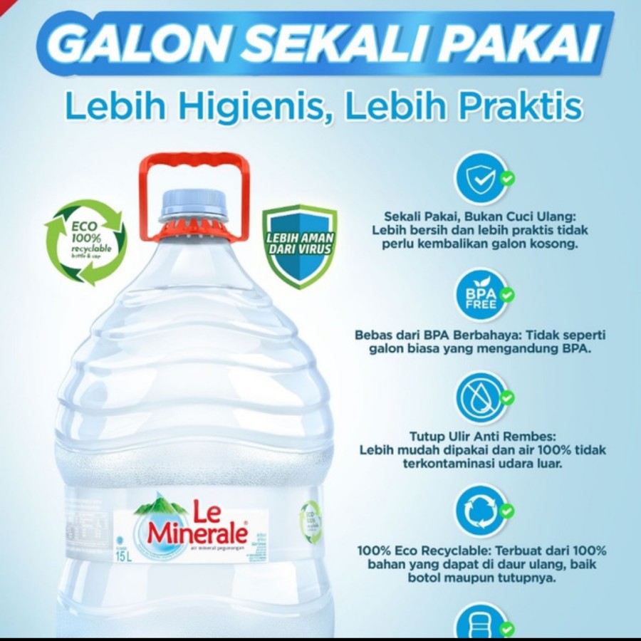 

LE MINERALE GALON SEKALI PAKAI - GALON PLUS ISI 15 LITER