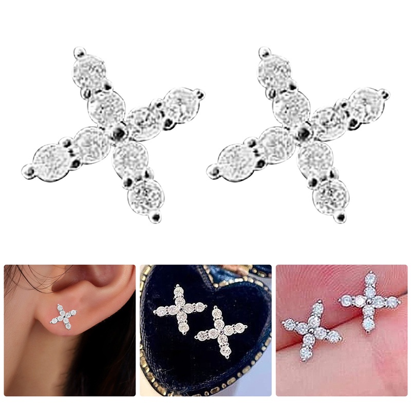 Anting Stud Desain Salib Aksen Kristal Kubik Zirkon Warna Silver Untuk Wanita