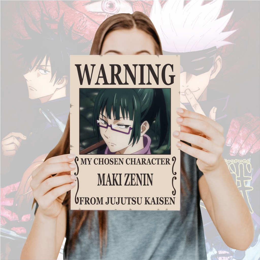 Poster Jujutsu Kaisen Warning Anime Itadori Yuji Fushiguro Megumi Gojo Satoru Sukuna- Size A4+-7 Maki