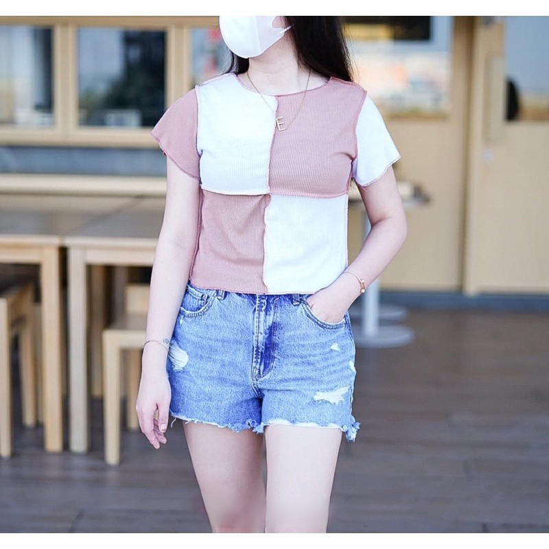 BIG SALE!!! SEAM FRONT CROP COMBINE TOP / PUTRINE BLOCK CROP