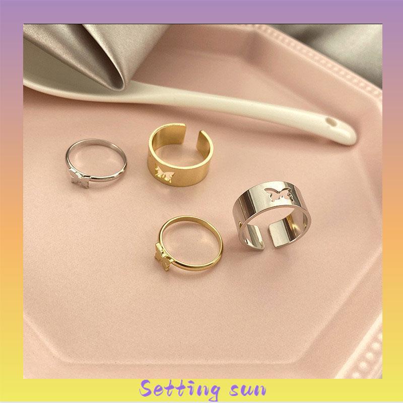 COD✨ 2pcs / Set Cincin Desain Kupu-Kupu Hollow Warna Emas Silver Gaya Retro Untuk Pasangan TN