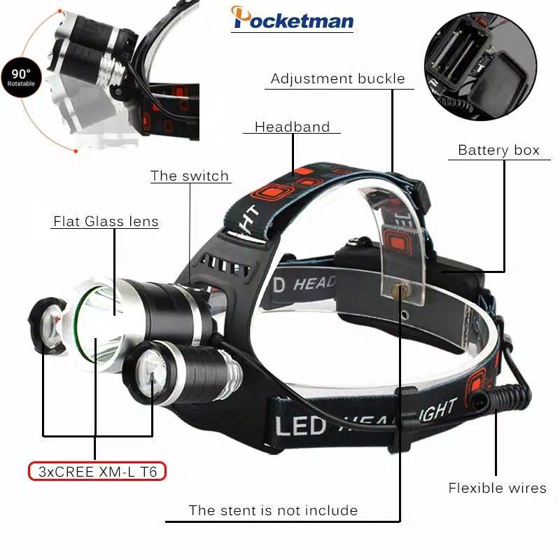 PAKET Senter Kepala / LED Headlamp Cree XM-L T6 5000 Lumens System Cas