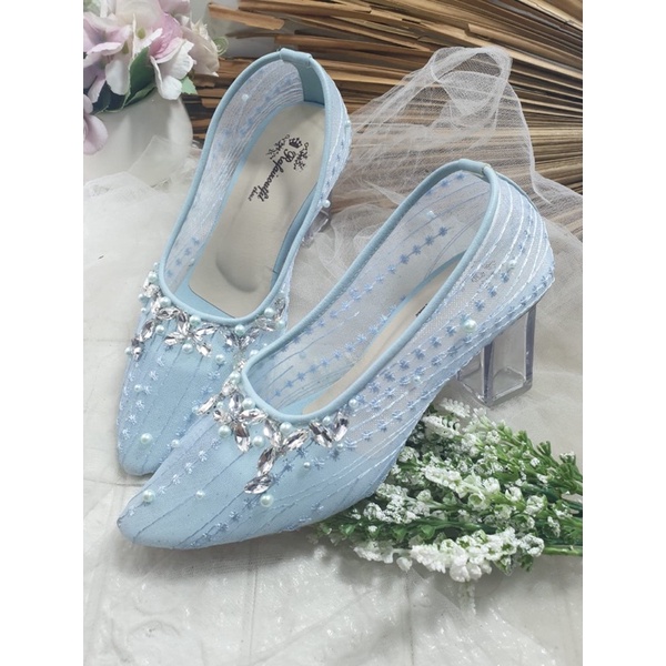 sepatu merrisa babyblue salur tinggi 7cm kaca