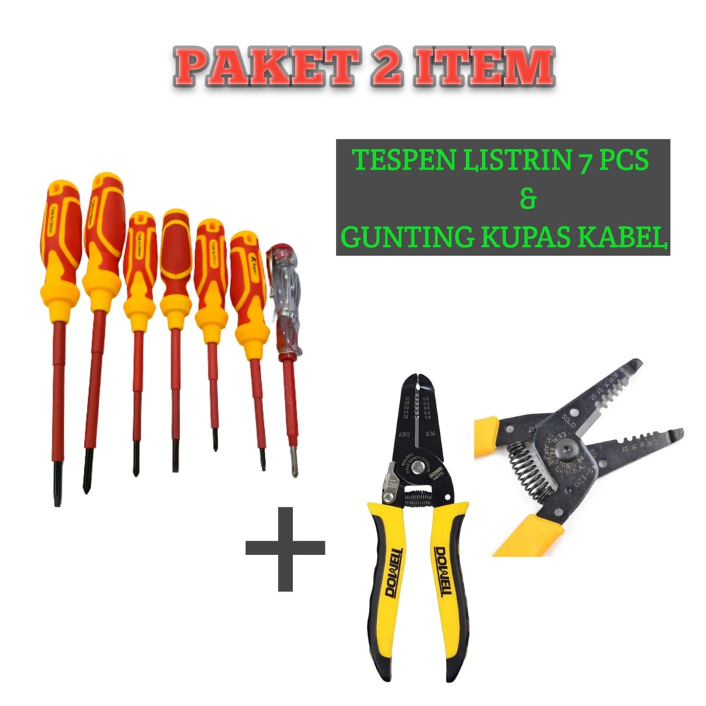 PAKET OBENG SET Tester tegangan Listrik - Obeng Tespen Obeng Listrik magnet Set 7 Pcs dan Tang kupas kabel 3in1 cabel potong tang potong wire stripper