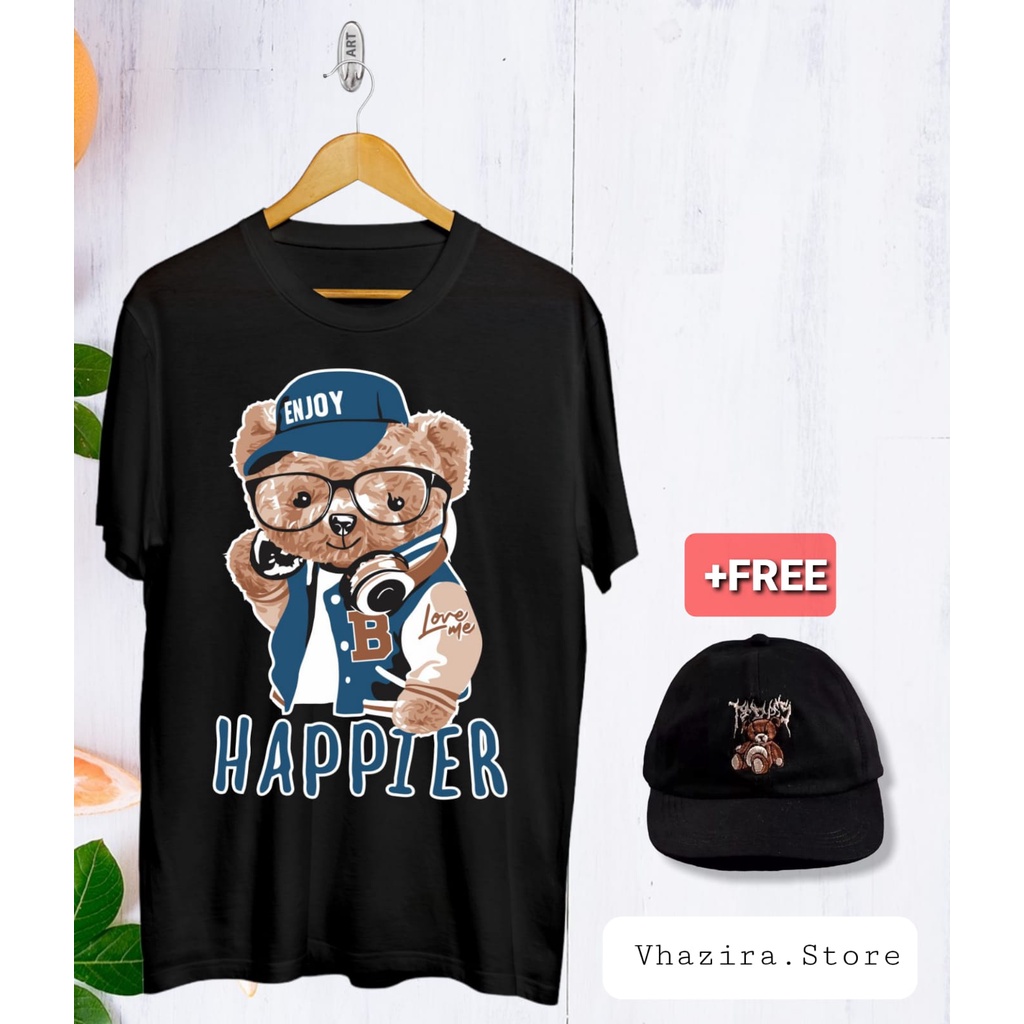 BAJU KAOS KOREAN STYLE TEDY BEAR GRATIS TOPI PRIA DAN WANITA HAPPIER