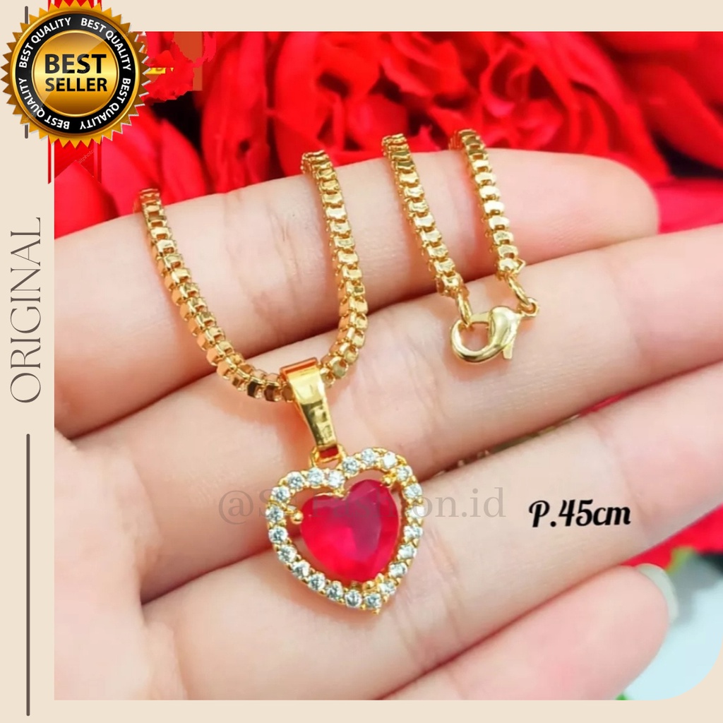 Kalung wanita love liontin batu permata zircon anti karat anti luntur