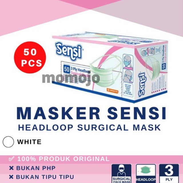 MASKER SENSI SURGICAL FACE MASK HIJAB 3 PLY HEADLOOP WARNA PUTIH