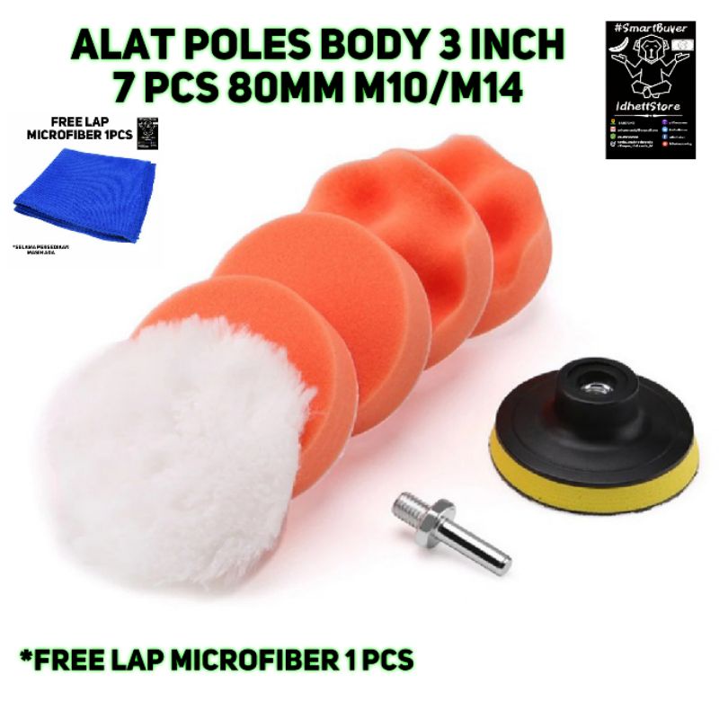 Set Busa Poles Body Motor & Mobil 3 Inch 7 Pcs M14 M10 Wool Spon Velcro Coumpond Detailing Buffing