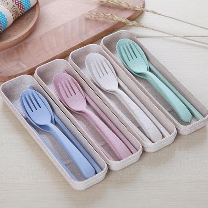 Alat Makan Set Sendok Garpu Sumpit Portable Set Bahan Alami Jerami Gandum Warna Warni