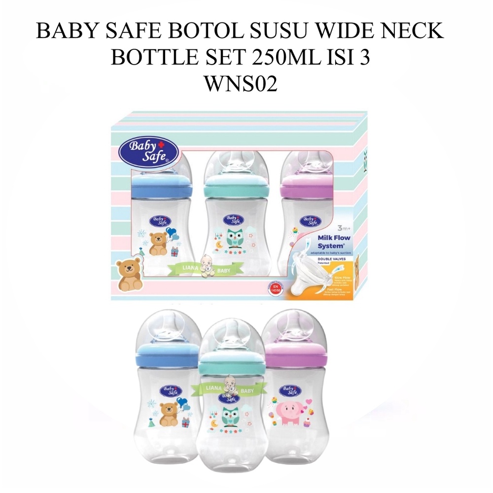 BOSU339 BABY SAFE BOTOL SUSU WIDE NECK  BOTTLE SET 250ML ISI 3 WNS02