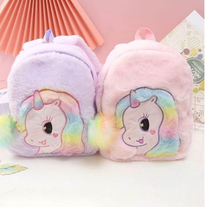 Ransel unicorn bulu rainbow/tas unicorn bulu