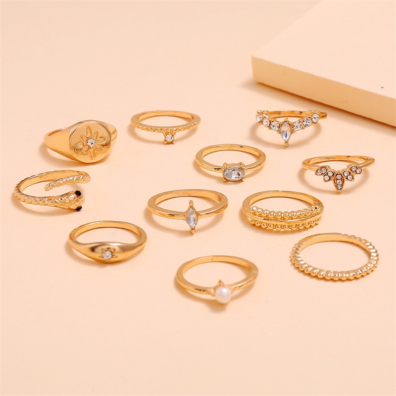 11pcs / Set Cincin Berlian Mutiara Heksagonal Gaya Bohemian Untuk Wanita